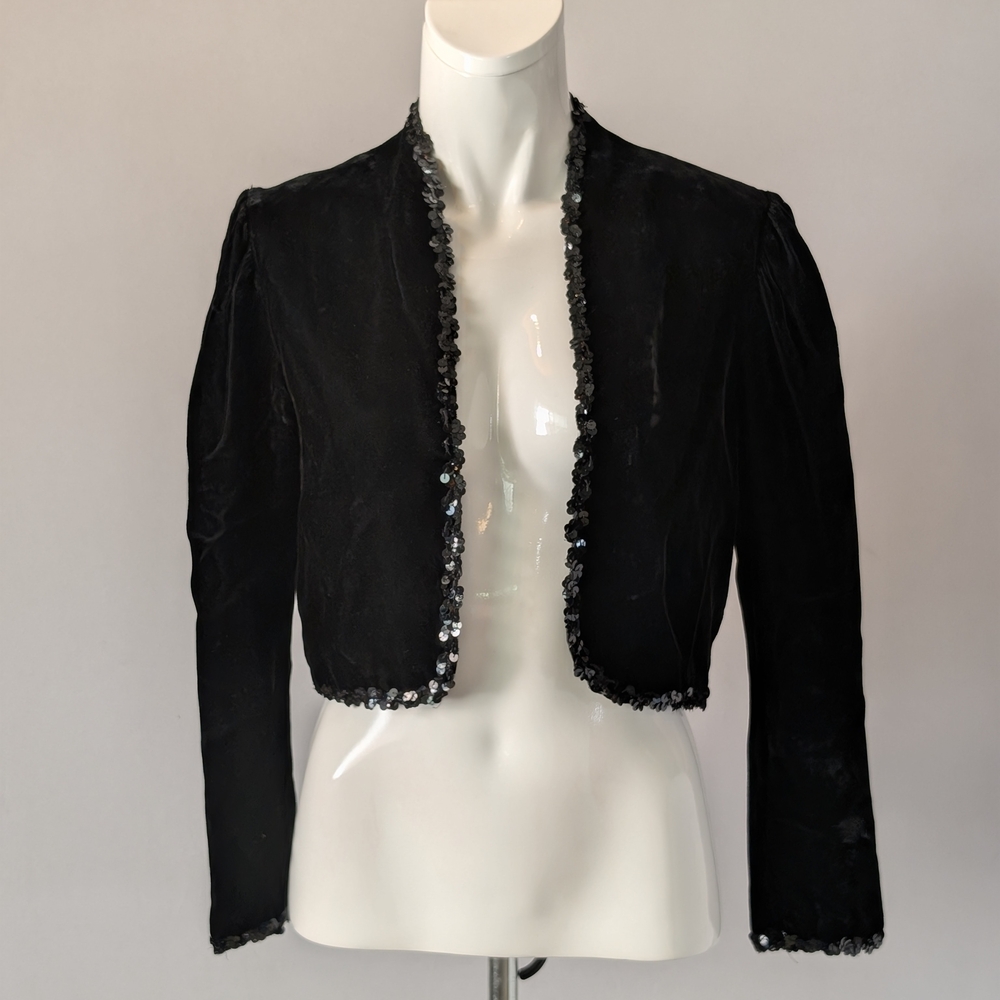 Vintage Gunnies Gunne Sax Black Velvet Sequin Trim Cropped Jacket bolero Size S